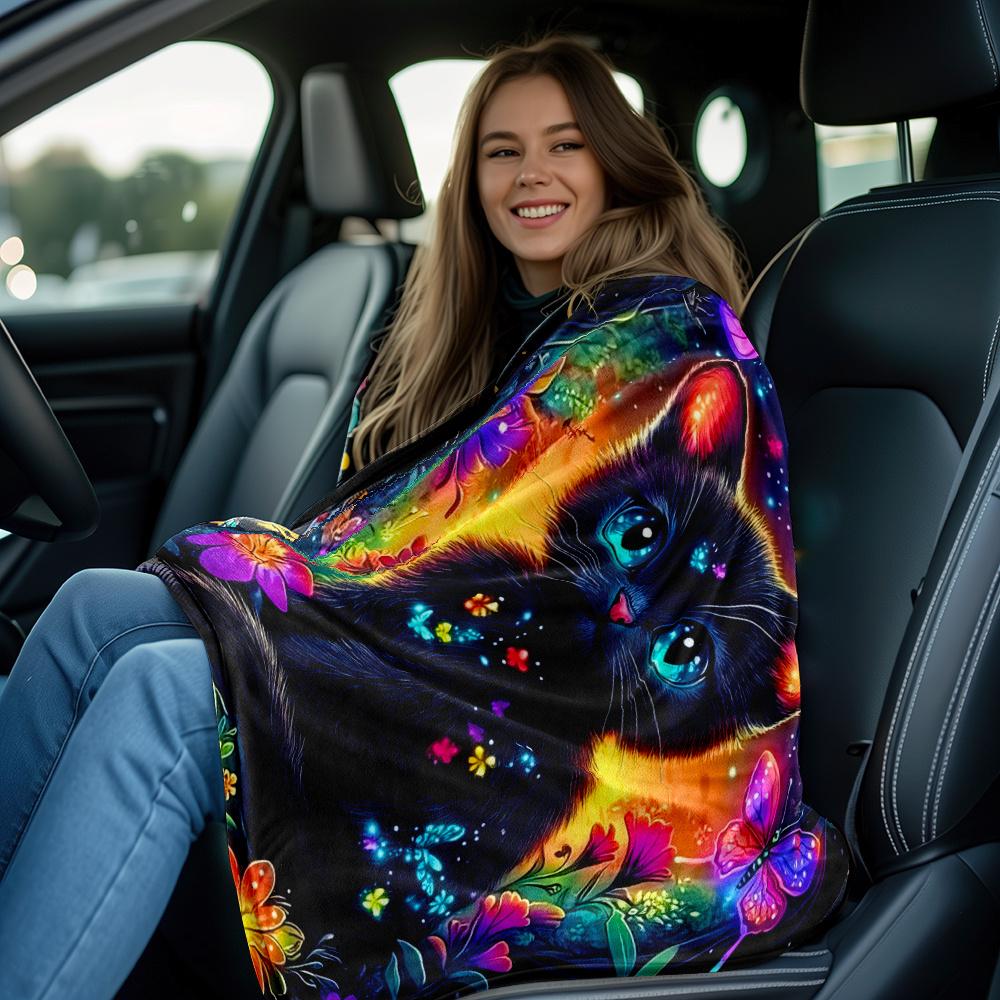 Magical Black Cat Rainbow Flowers Butterflies Fleece Blanket Glow In Dark Artistic Design Soft Plush Throw Home Decor Gift for