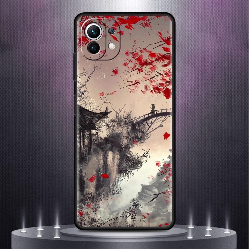 Landscape Ink Painting Japan Samurai Art Case For Xiaomi Mi Poco X3 NFC M4 M3 Pro F3 GT F1 11 Lite Note 10 11T 10T Phone Cover