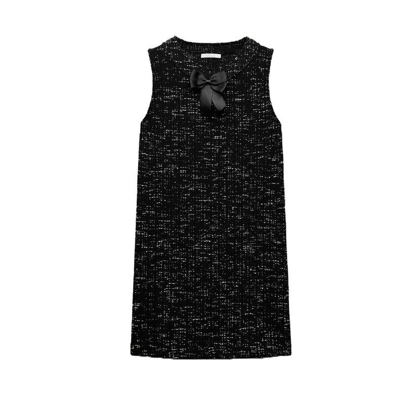 

Spring New Women s Clothing French Design Bows Decorative Texture round Neck Short Sleeveless Dress 5039156 Black L