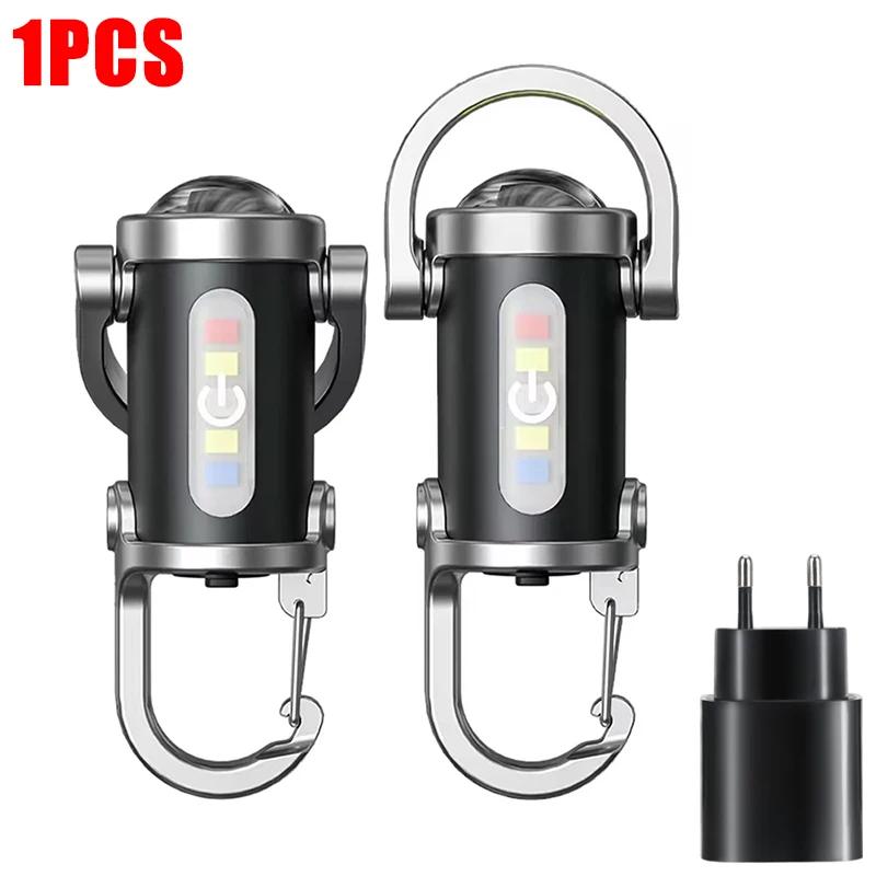 Mini LED COB Flashlight USB Rechargeable Torch Keychain Lamp Portable Pocket Outdoor Camping Working Lantern with Red&Blue Light