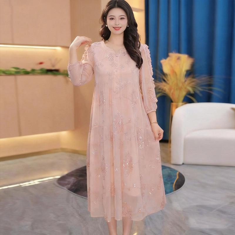 2026 Summer Pink French Embroidered Slimming Midi Dress 4XL светло-розовый