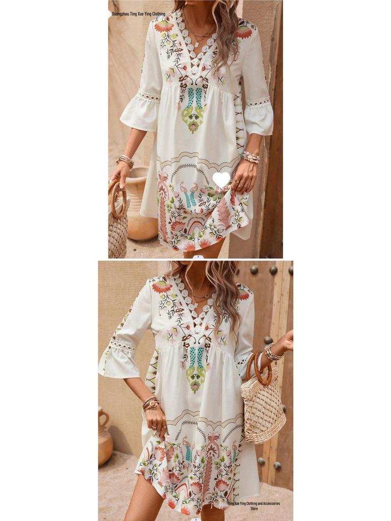 Women's Summer V-Neck Lace Patchwork Casual Printed Dress