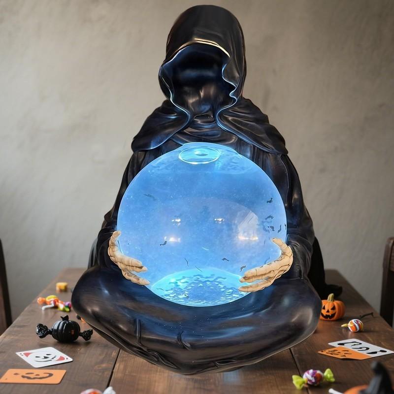 Alloween Grim Reaper Statue With Flying Bats Crystal Ball,Gothic Figurine With Light-Up Sphere, Fantasy Decor Floating Bat Ornam