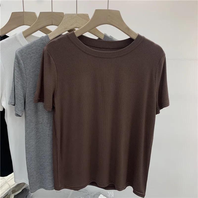 

Женская приталенная футболка в рубчик с круглым вырезом - Европейский стиль, однотонная, лето 2024 XXL (130-150 jin) кофейный