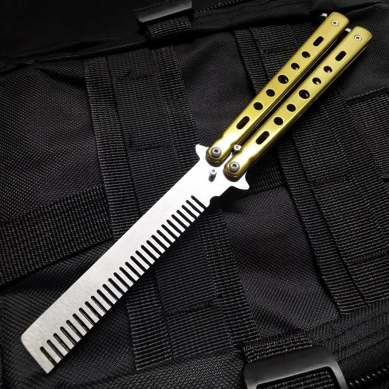 Foldable Comb Stainless Steel Practice Training Butterfly Knife Comb Beard Moustache Brushe Salon Hairdressing Styling Tool