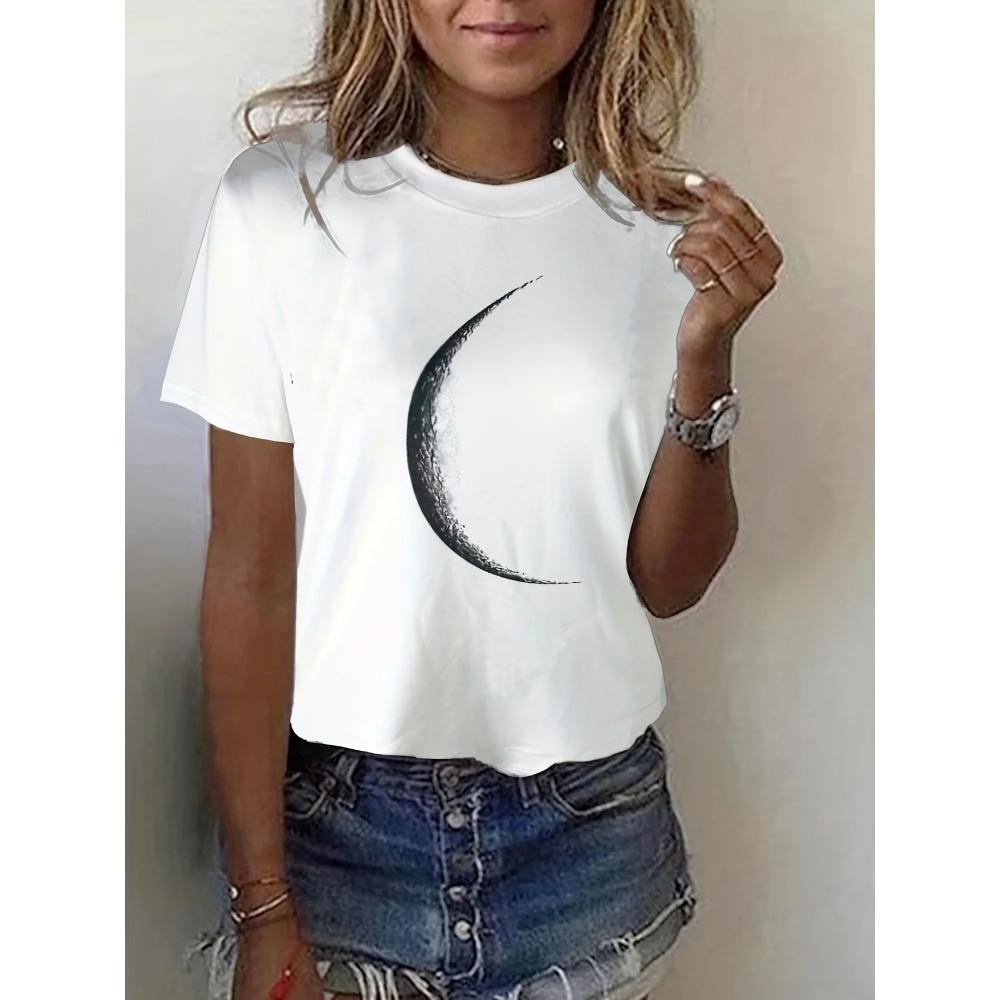 Moon Print Crew Neck T-Shirt, Casual Short Sleeve T-Shirt for Spring & Summer, Women's Clothing