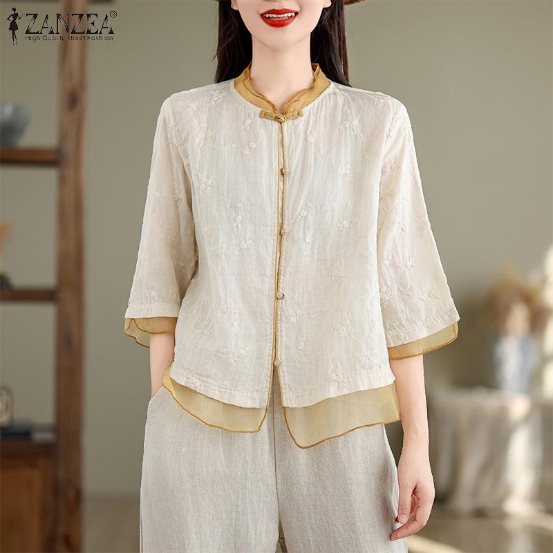 

ZANZEA Винтажная женская блузка с коротким рукавом на пуговицах, пэчворк, этническая вышивка, повседневная 4XL белый