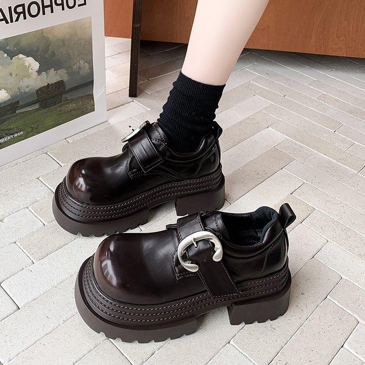 [Ushilai] British Style Big Head Platform Small Leather Shoes Women's 2025 Winter New Metal Buckle Casual Loafers