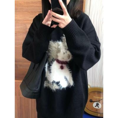 Plush Puppy Jacquard Crew Neck Casual Loose Fashion Black Sweater Women's Winter New Loose Lazy Style Top