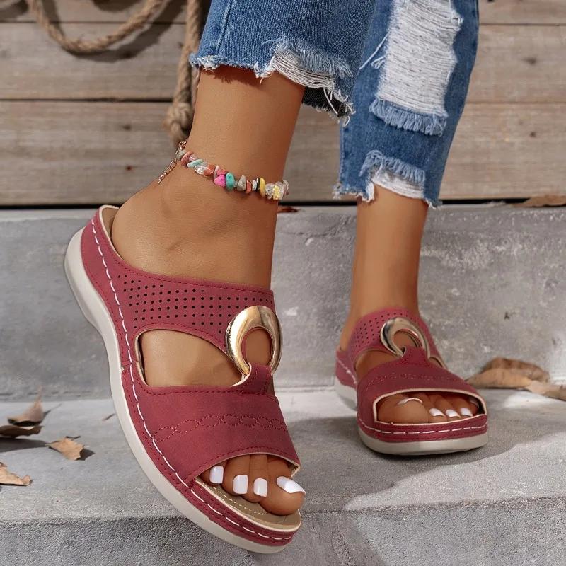 Fashion Women's Slip on Platform Wedge Open-Toe Sandals Retro Metal Buckle 2025 Summer Beach Casual Slippers Comfortable Ladies Shoes