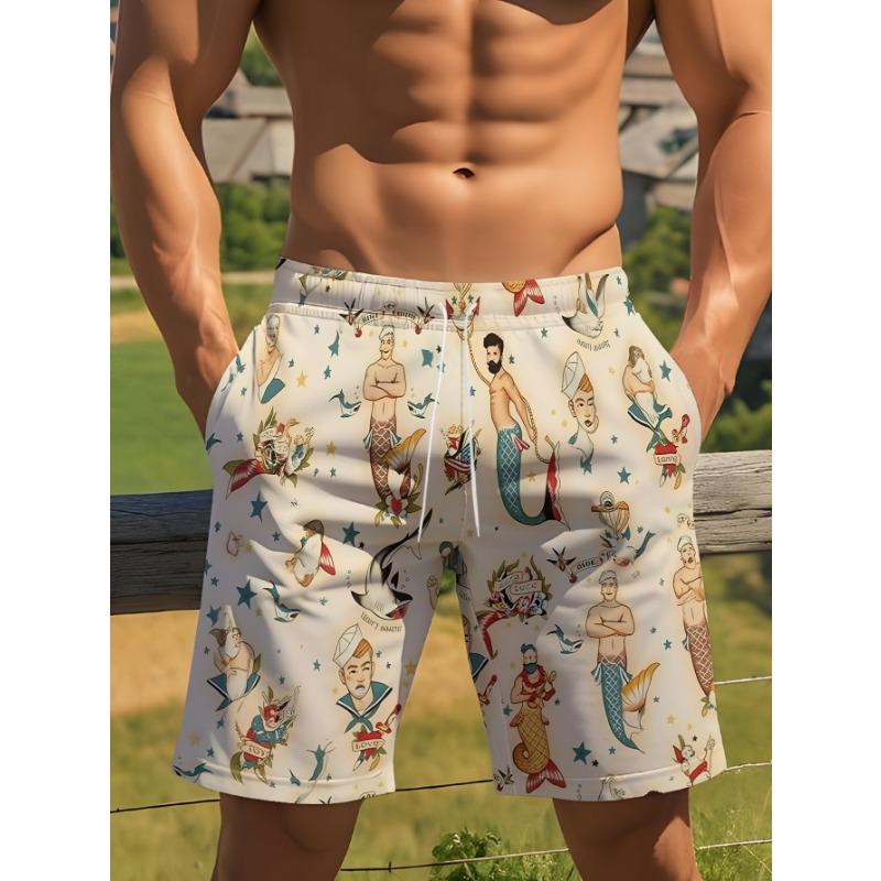 Men S Beach Shorts - 3D Digital Print, Casual Drawstring Shorts S