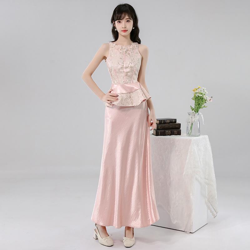 Elegant Chinese Style 3D Handmade Gauze Flower Jacquard Sleeveless Top and Skirt Set for Girls L розовый
