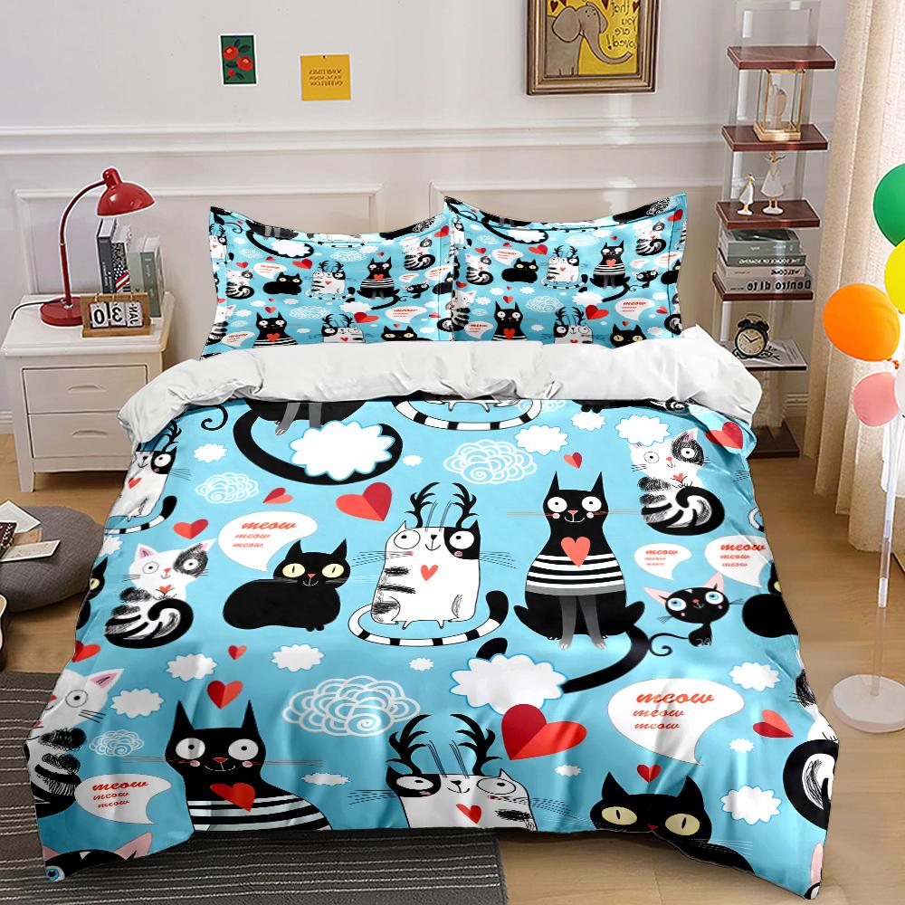 Cartoon cat and heart illustration Bedding Set for Kids Luxury Gift 3pcs Digital Print Comforter Set Soft Comfortable Breathable