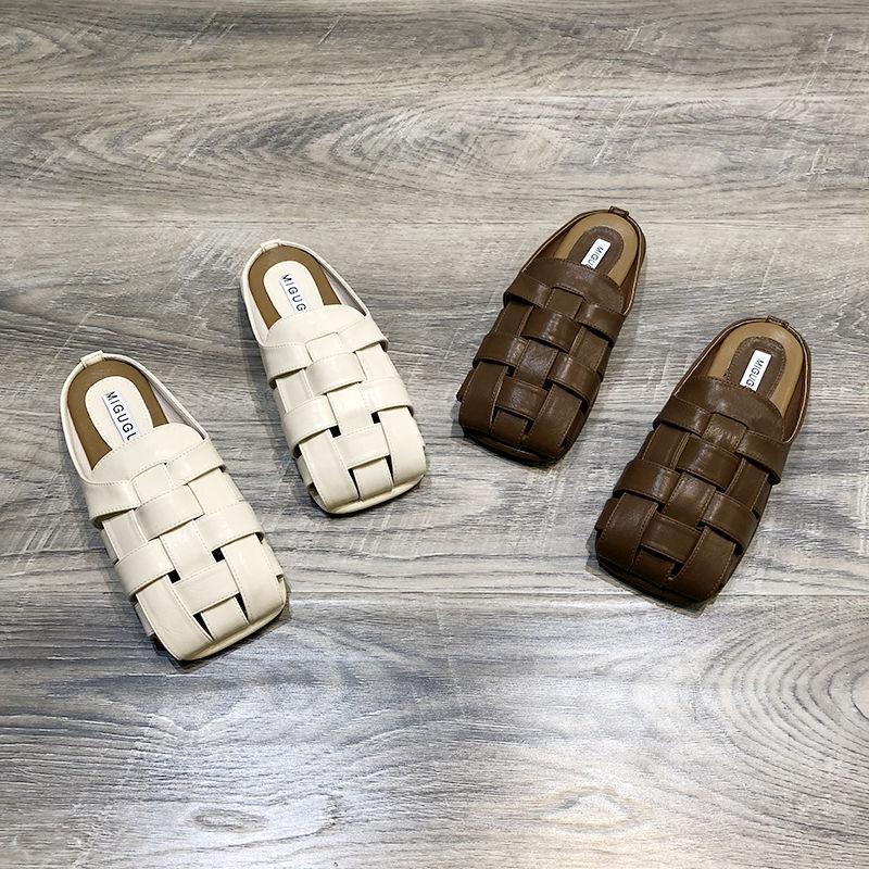 Retro woven bag head half slippers women's wear 2025 spring and summer new square head lazy shoes Internet celebrity flat muller shoes