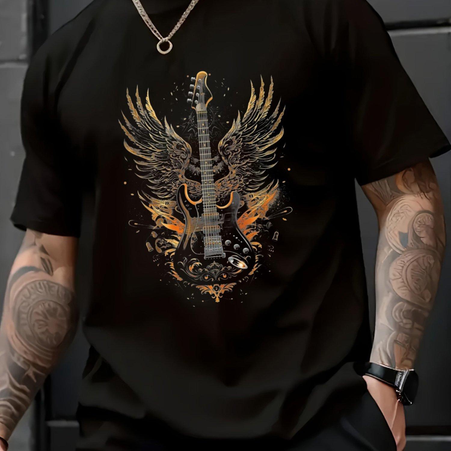 Men Heavy Metal Guitar Graphic Tee Soft Breathable Cotton Shirt with Electric Guitar Design Rock Band T-Shirt S
