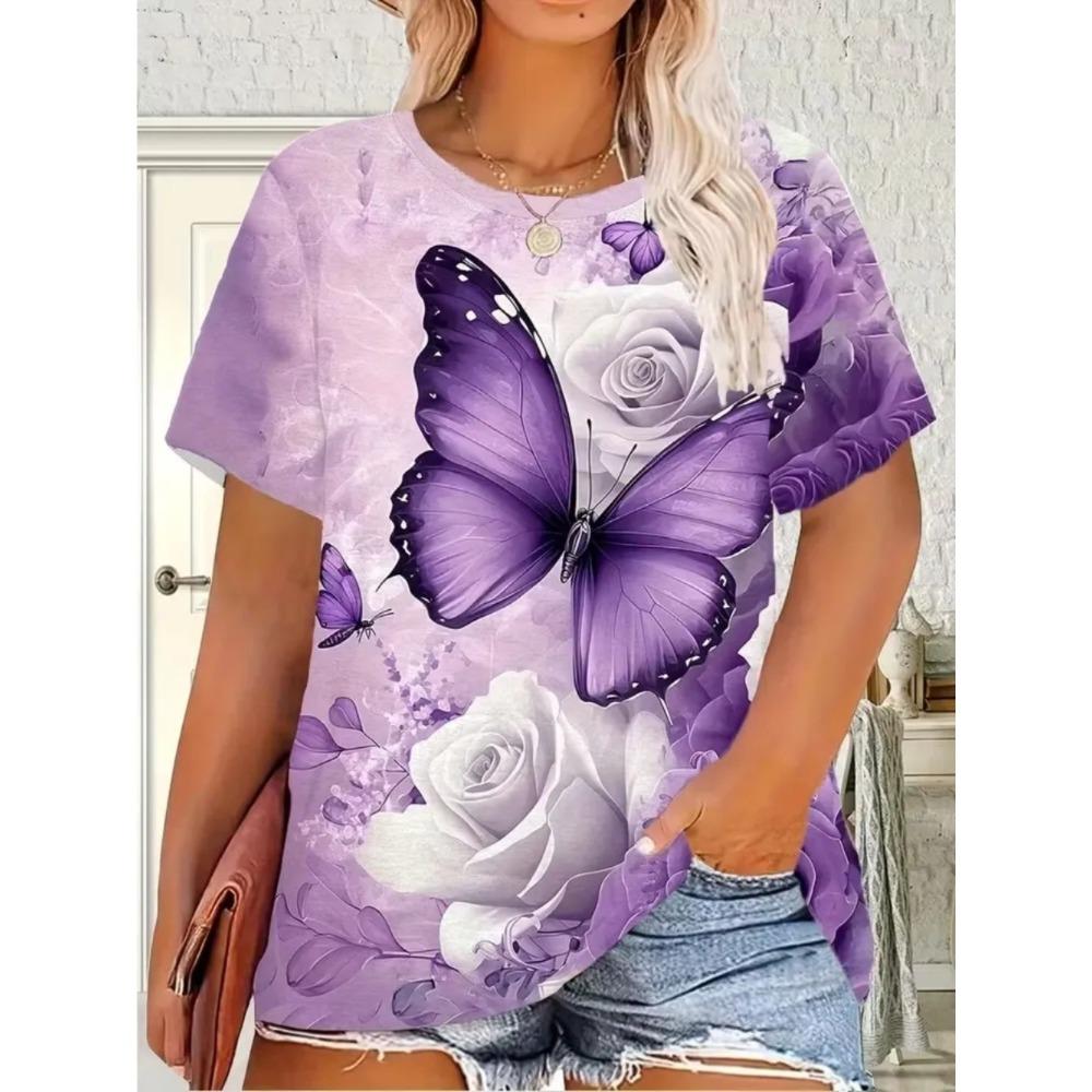 Beautiful Retro Colorful Butterfly Flowers 3D Printed Short Sleeved T-shirt Fashionable Comfortable Soft Breathable Large Loose Summer Womens T-shirt
