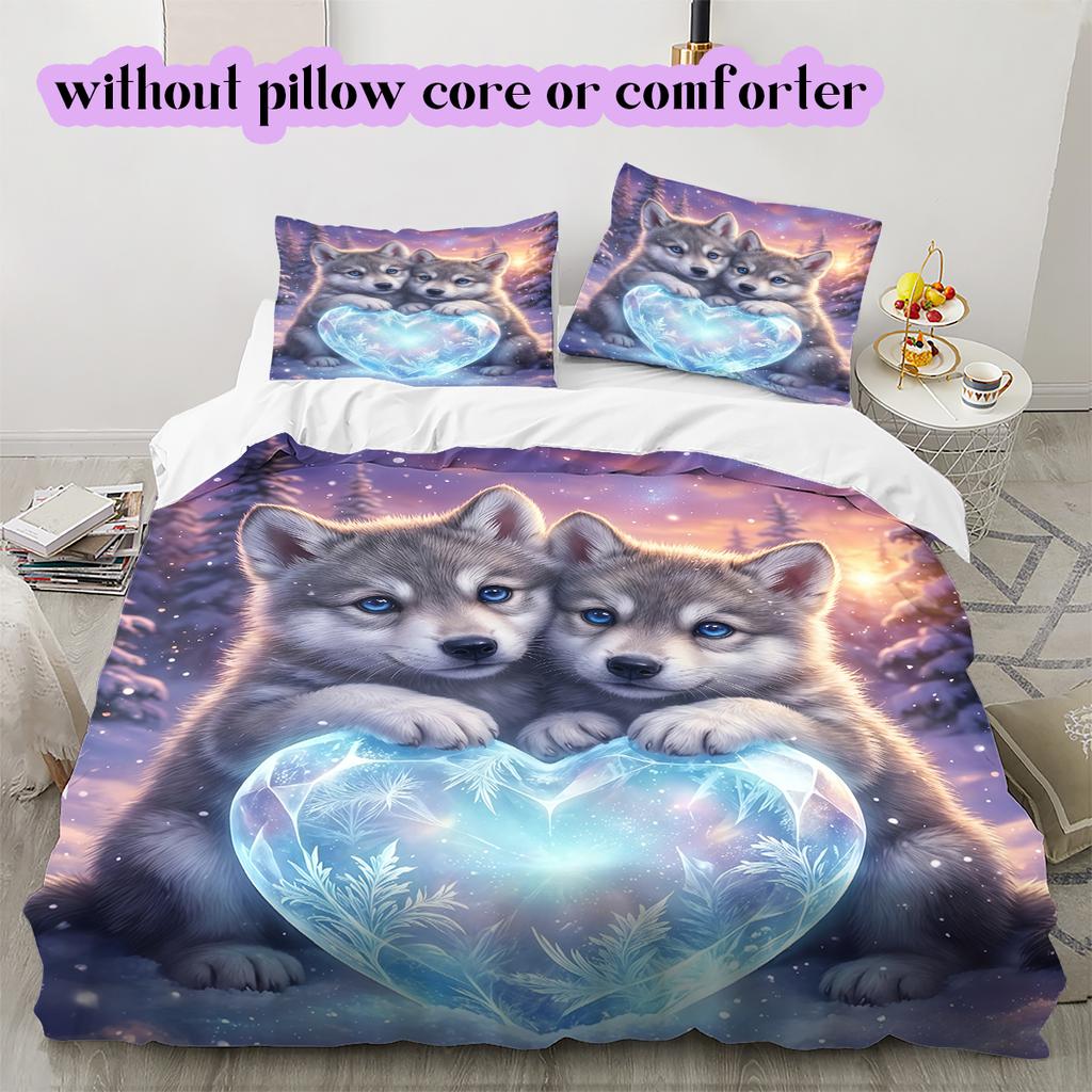 Two animals and lovePattern Bedding Quilt Set Quilt Cover Pillowcase Home Decoration Birthday Gift (1 * duvet cover + 2 * pillowcase, without core)