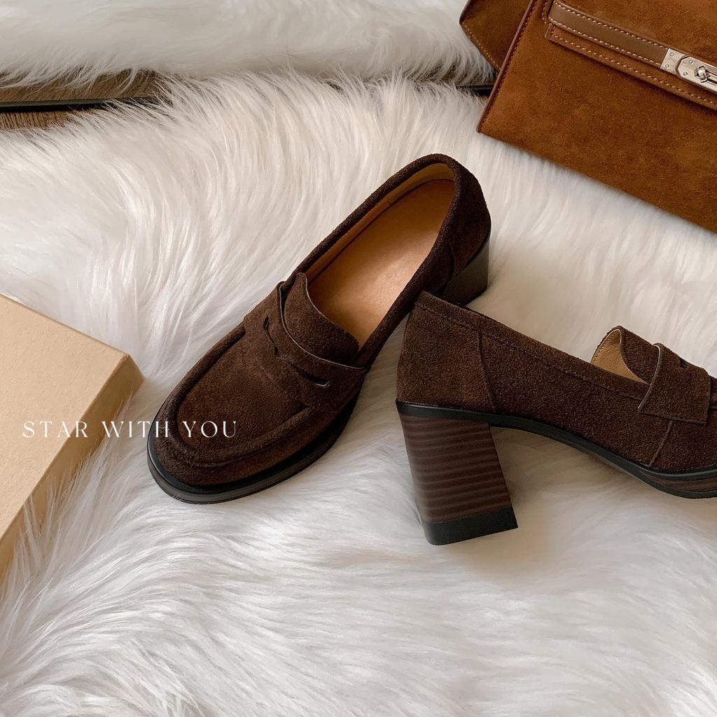 Cowhide~ Height Increase 7cm Retro Leather Thick Heel Loafers Women's Round Head High Heel Single Shoes Lazy Person Pedal Small Leather Shoes