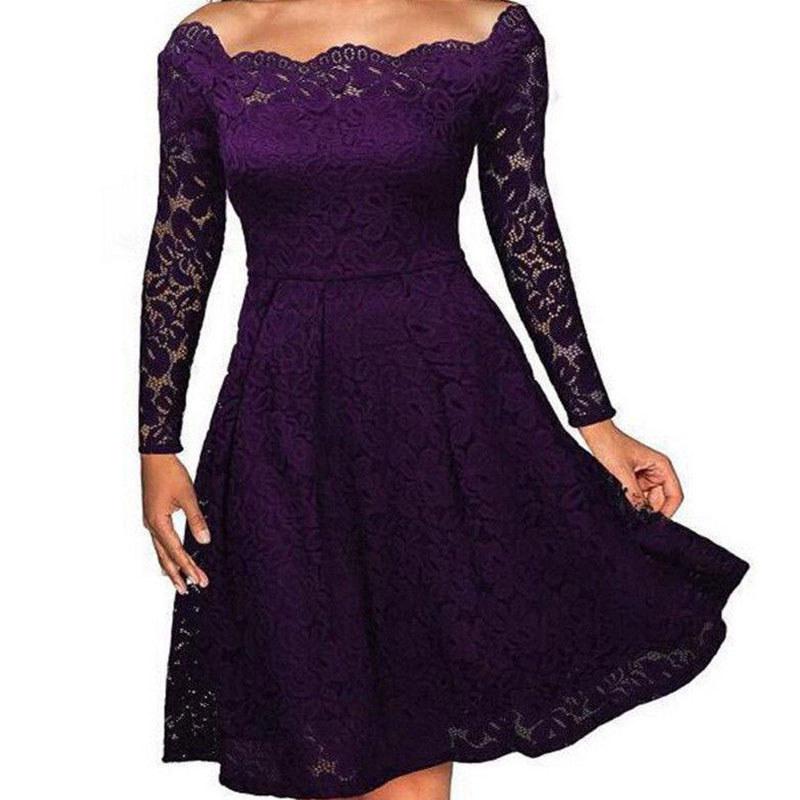 Elegant Women's Vintage Lace Boat Neck Formal Wedding Cocktail Evening Party Swing Dress