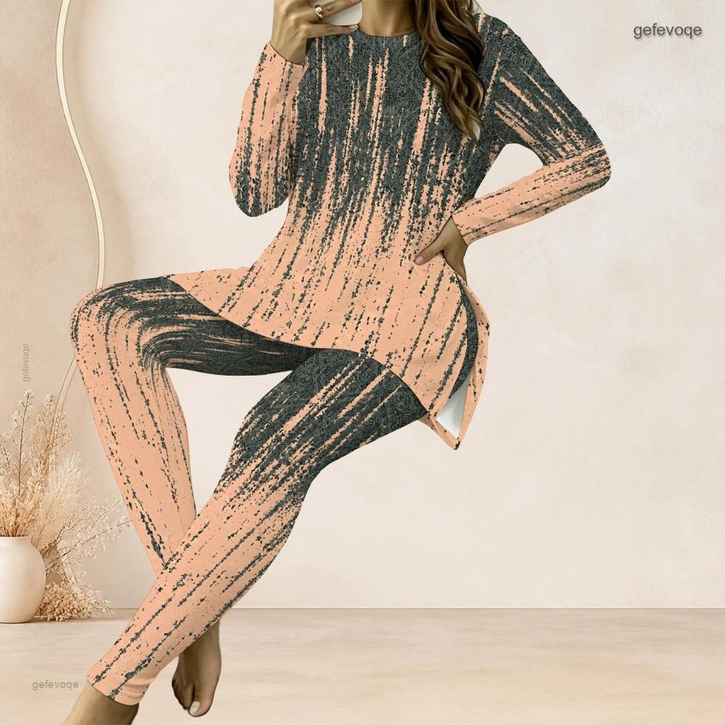 Women Plus Size Round Neck Long Sleeve Printed Longline Top Fitted Pants Two Piece Set