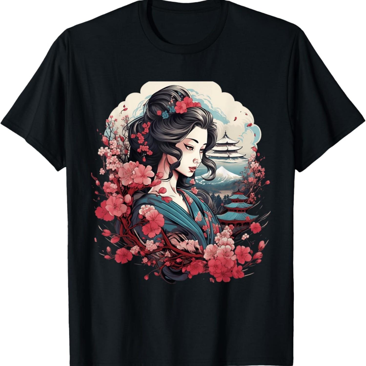 Футболка с гейшей, горой Фудзи, пагодой и цветами сакуры(18) S чёрный
