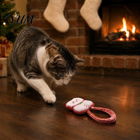 Holiday Themed Cat Accessories Christmas Catnip Toy for Indoor Cats, Stuffed Chew with Mesh Plush Toys Tube, Interactive Flexible Tube Bell