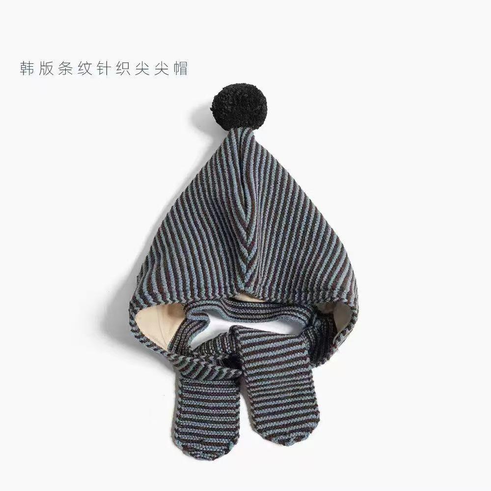 Children's striped hat and scarf integrated autumn and winter elf pointed hairball ear hat, windproof and warm for boys and girls