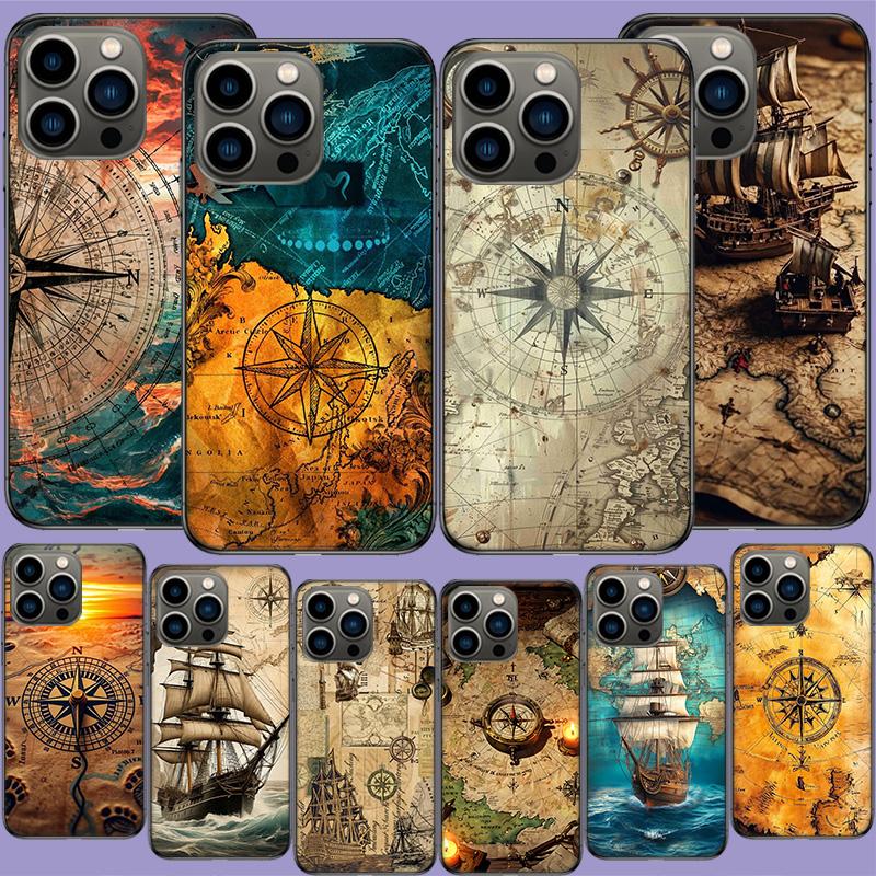 Compass Map Voyage Phone Case For Iphone 17 Air 15 Pro 14 Plus 16 Pro Max 12 13 Mini 11 16E X XS Cover Cute Fundas