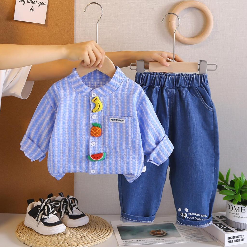 Boys' long sleeved 2-piece set, 0-5-year-old Children's fruit printed shirt, casual denim pants, High-quality children's clothing