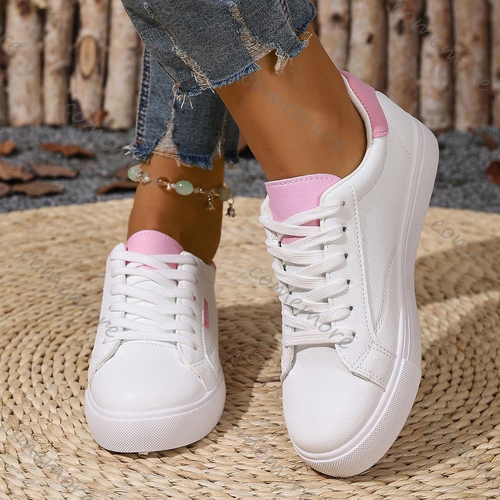 Comemore White Shoes Women's Spring Autumn Flat Bottom Leather Sneakers Casual Lace Up Students College Style Board Shoes Female