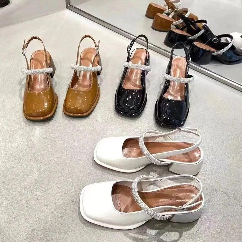 Est Soft Leather High-Heeled Mary Jane Shoes Women'S Spring And Summer Thick-Heeled Shoes With Buckle Straps Toe Sandals