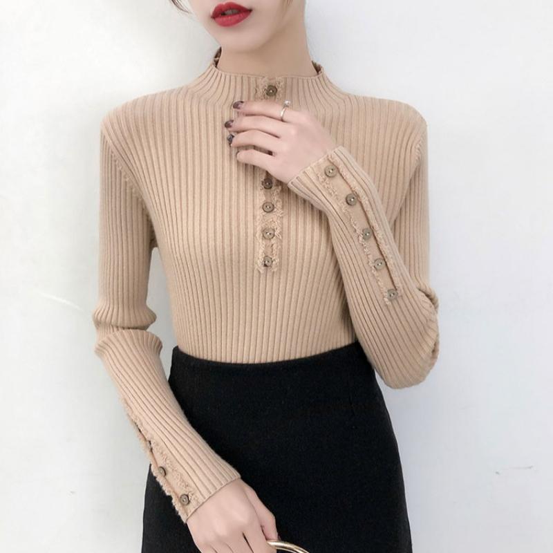 

Модный однотонный повседневный вязаный свитер с длинным рукавом для женщин, облегающий свитер на осень и зиму с высоким воротником, женские свитера, элегантный трикотаж 24878 One Size хаки