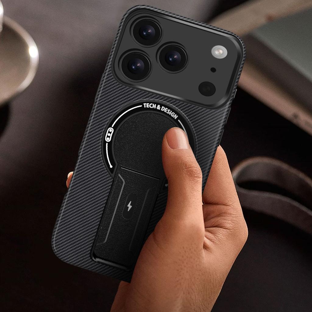 For iPhone 17 Pro Case with Kickstand Carbon Fiber Texture PC+TPU Phone Cover