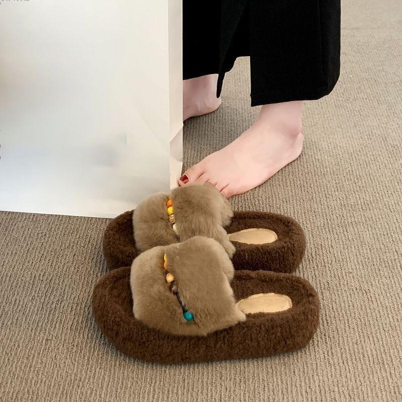 Beaded warm one-word cotton slippers thick bottom heightening fluffy slippers women wear autumn and winter new fashion versatile
