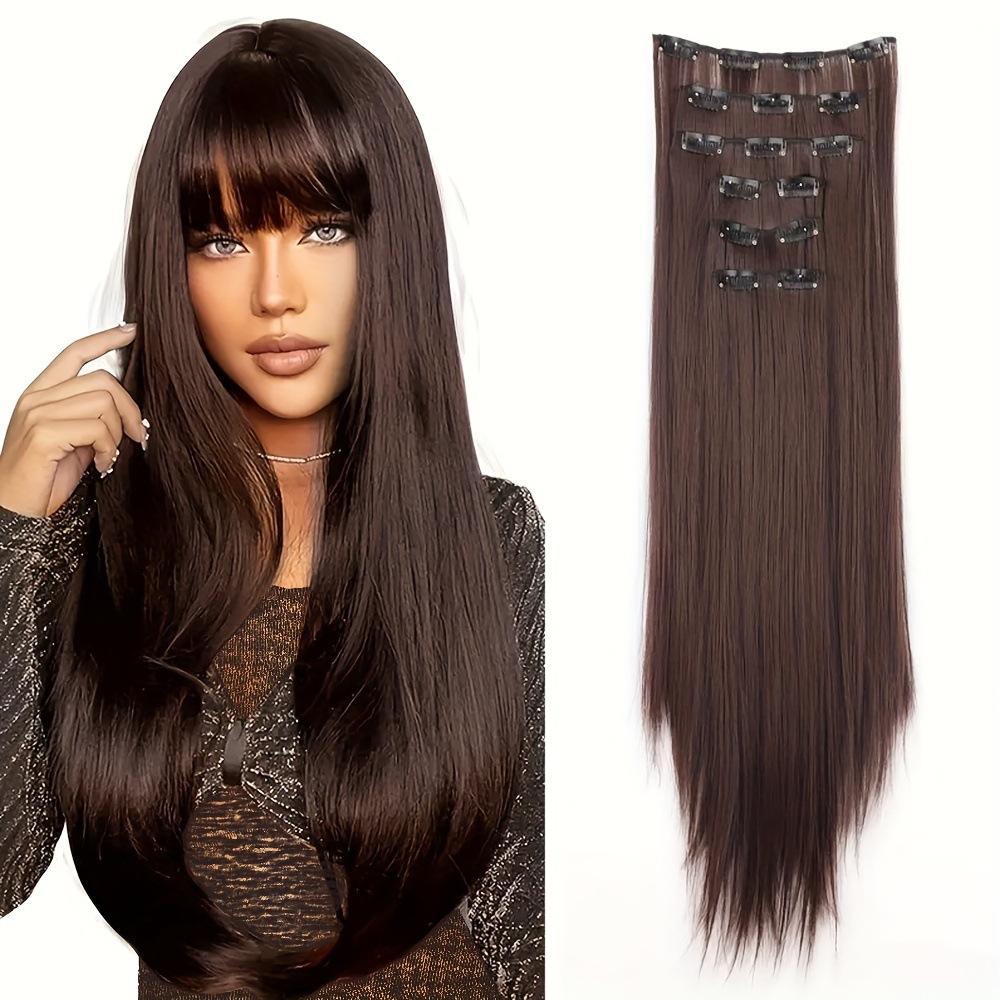 6PCS Clip in Hair Extensions 24" Straight Long Synthetic Hairpieces for Women Daily Party Halloween Black Brown