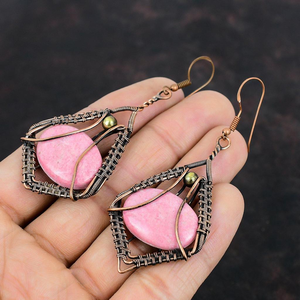 Brincos de Thulite Brincos de Fio de Cobre Enrolados Lindas Joias de Cobre Brincos de Pedras Preciosas Naturais Joias de Estilo Étnico Feitas à Mão Presentes para Esposa