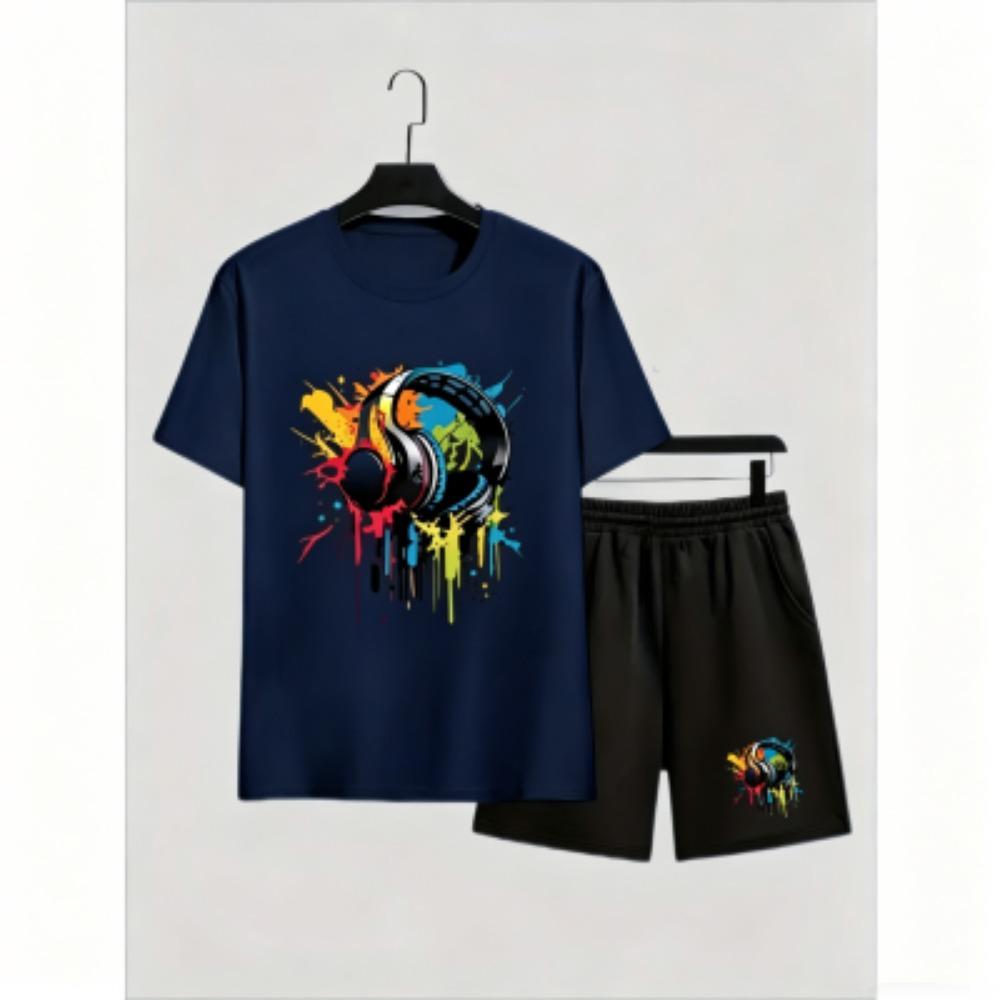Fashion Men's T-shirt Shorts Set Color Headphones Printed Short Sleeve Tops Shorts 2pcs Summer Men Women's Outdoor Casual T-shirt Sets