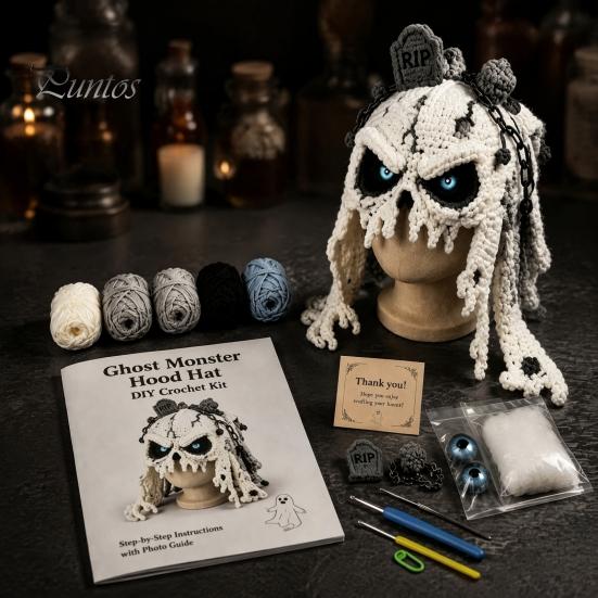 DIY Animal Hood Hat Halloween Crochet Kit, Skull Spider Bat Beginner Friendly Yarn Kit Spooky Pumpkin Earflap Craft for Adults Teens, Autumn