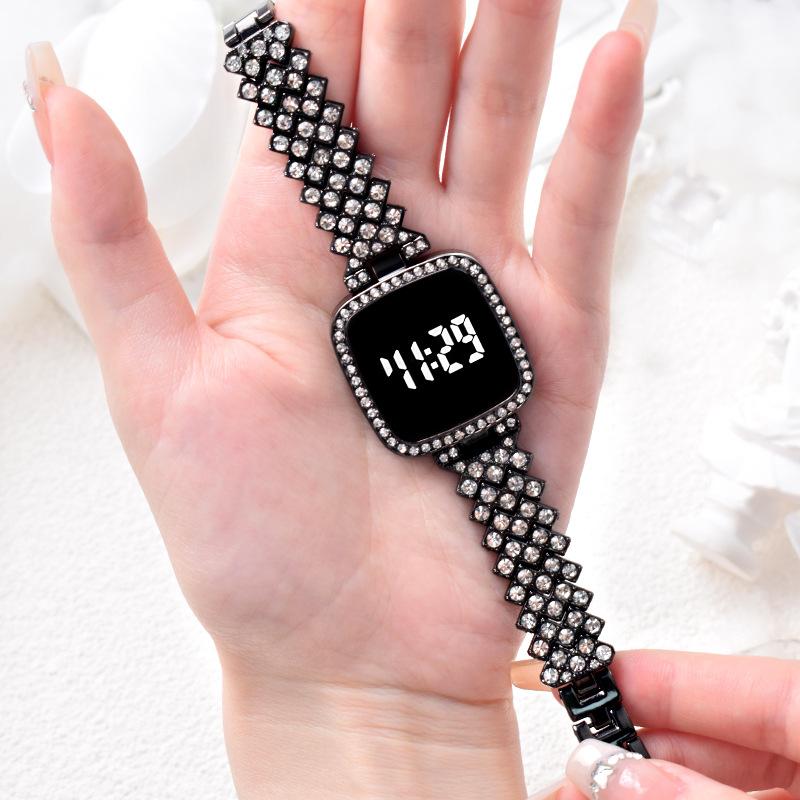 

Жіночий світлодіодний годинник зі стразами, сенсорний наручний годинник зі сталевим ремінцем, спортивні повсякденні електронні годинники чорний