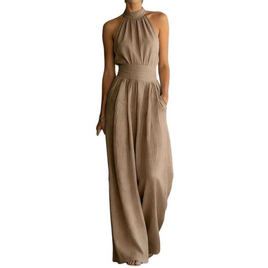 Women's Halter Neck Jumpsuit, Sleeveless Casual Wide Leg Rompers, Summer High Waist One Piece Outfits with Pockets