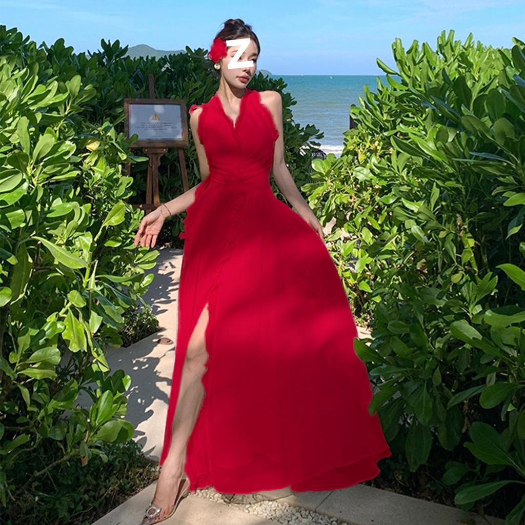 French Red Neck Sling Dress for Children's Summer New Popular Seaside Vacation High-end Long Dress