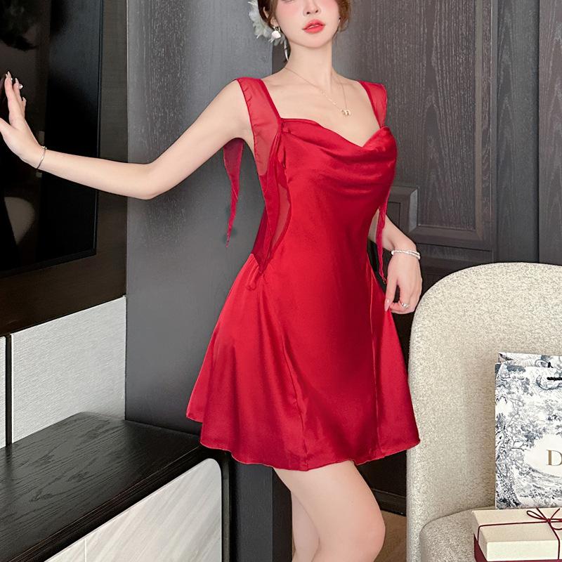 Ice silk sexy temptation suspender nightgown two-piece suit women's summer spring and autumn pajamas loungewear