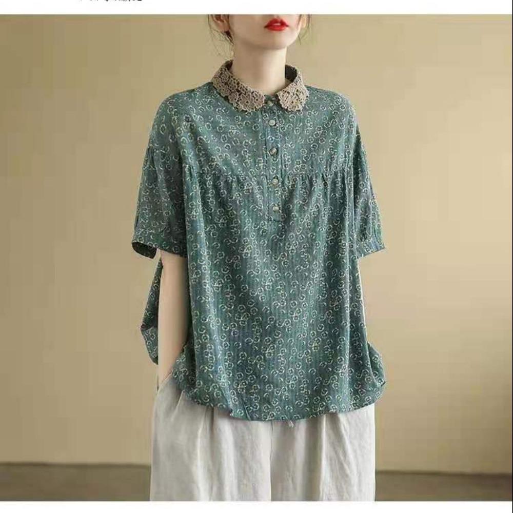 Women's Peter Pan Collar Short Sleeve Blouse Loose Fit Vintage Floral Print Cotton Linen Casual Top