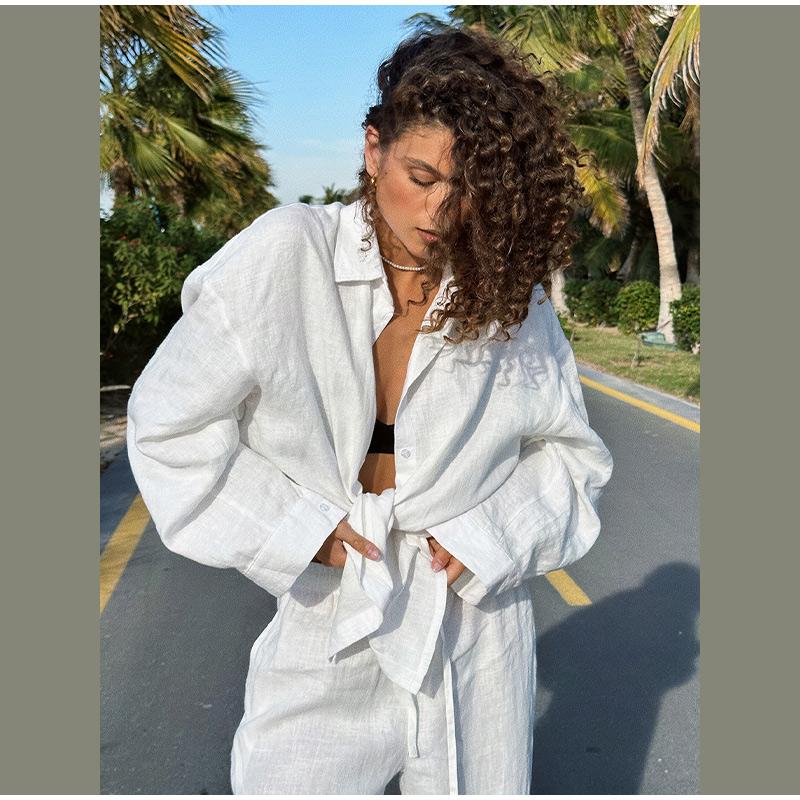 Bavlněná lněná dámská kalhotová souprava ležérní volná jednobarevná knoflíková košile kalhoty outfit léto dámský denní šik volné kalhoty oblek nový