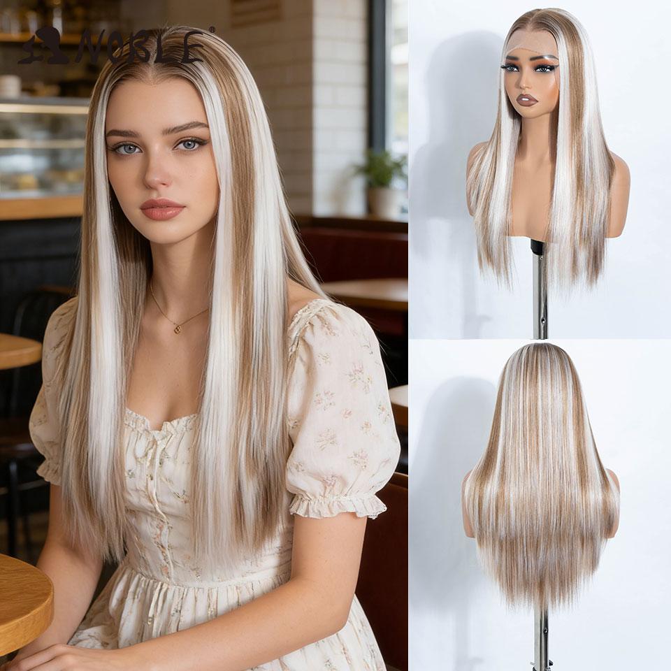 NOBLE 24 Inch13X6 Synthetic Lace Front Wig Highlight Brown White Streaks Straight Natural Hairline Heat Resistant For White Wome