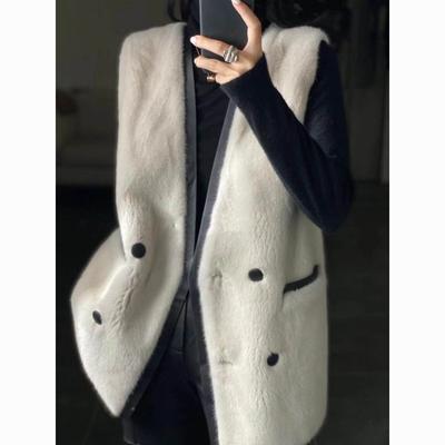 Gilet lungo in pelliccia sintetica di visone da donna autunno e inverno con scollo a V e cuciture in similpelle