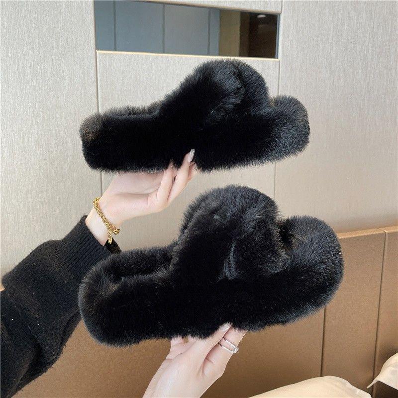 Women's Furry Platform Slippers - Thick Bottom Cross Strap for Autumn/Winter, Height-Increasing, Soft Cotton for Home or Outdoor Use