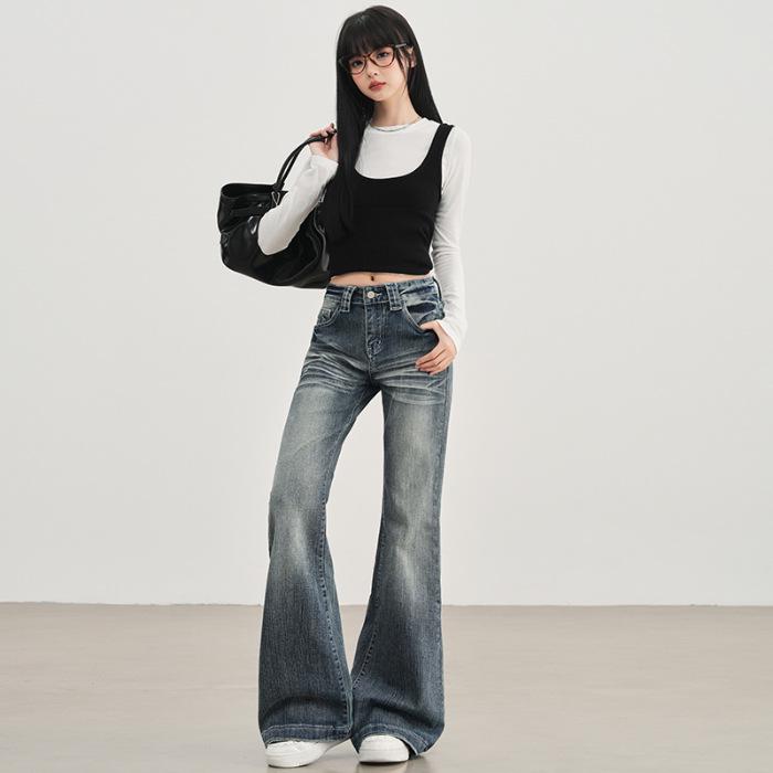 2025 Women's Low Waist Stretch Flare Jeans - Retro Whiskered Micro Flare