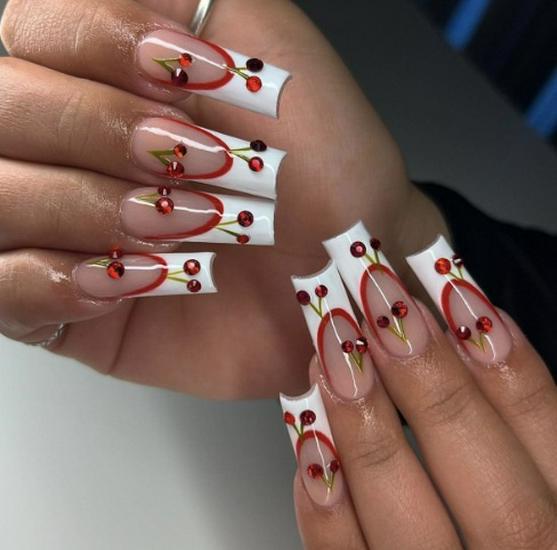Cherry Flash Diamond French Tip Press-On Nails - Pure White Design