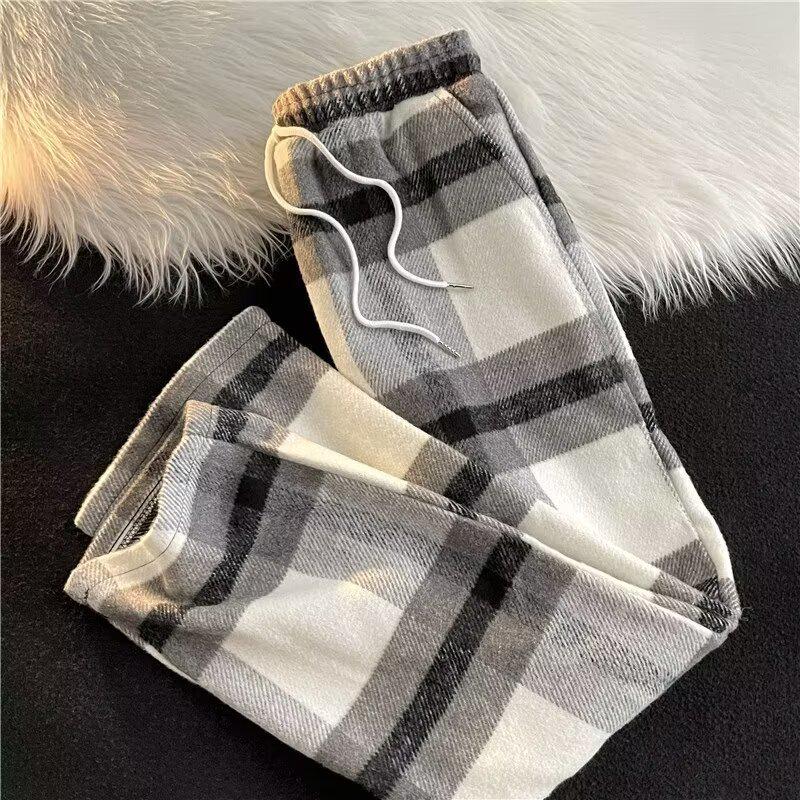 Women's Pink Plaid Woolen Wide-Leg Pants: Thick, Straight, 2024 Style, Slim-Fit.